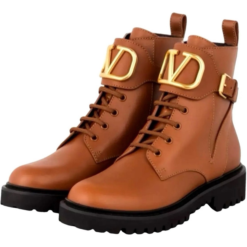 Valentino Garavani Tan Leather Boots with Gold Logo